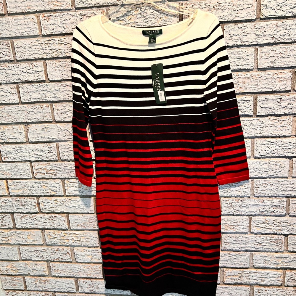 Lauren Ralph Lauren‎ Striped Sweater Dress Red Black Cream Boat Neck NWT Medium